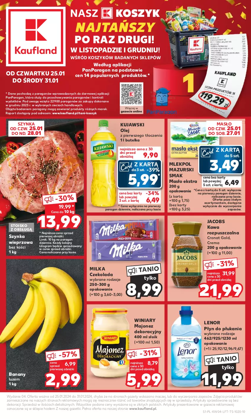 Gazetka promocyjna Kaufland - Gazetka tygodnia - ważna 25.01 do 31.01.2024 - strona 1 - produkty: Banany, Czekolada, Dres, Gra, Jacobs, Kawa, Kawa rozpuszczalna, Kosz, Kujawski, Lenor, Majonez, Masło, Milka, Olej, Płyn do płukania, Por, Szynka, Szynka wieprzowa, Top, Winiary