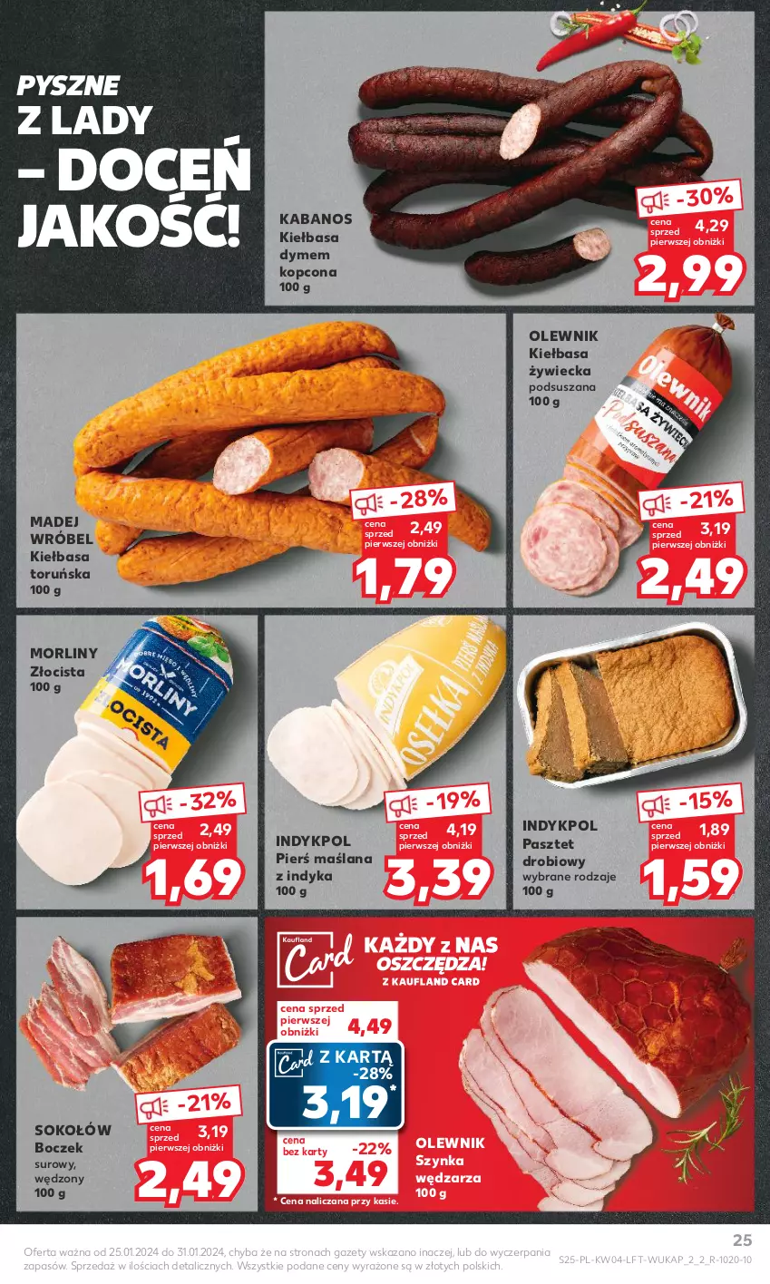 Gazetka promocyjna Kaufland - Gazetka tygodnia - ważna 25.01 do 31.01.2024 - strona 25 - produkty: Boczek, Kabanos, Kiełbasa, LANA, Madej Wróbel, Morliny, Olewnik, Pasztet, Sok, Sokołów, Szynka