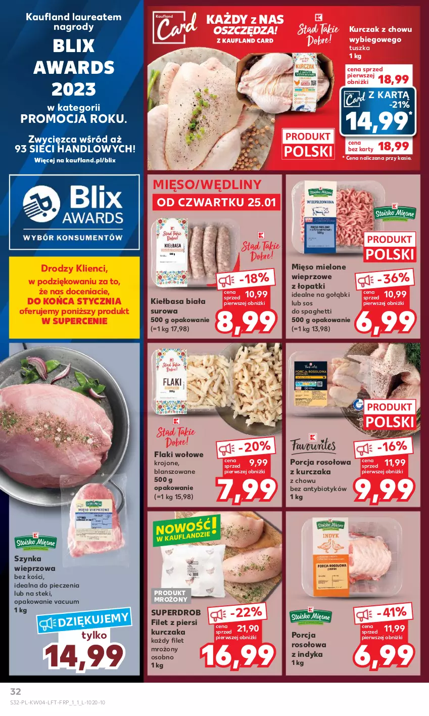 Gazetka promocyjna Kaufland - Gazetka tygodnia - ważna 25.01 do 31.01.2024 - strona 32 - produkty: Filet z piersi kurczaka, Flaki, Flaki wołowe, Kiełbasa, Kiełbasa biała, Kurczak, Laur, Mięso, Mięso mielone, Piec, Por, Sos, Spaghetti, Stek, Szynka, Szynka wieprzowa, Tusz