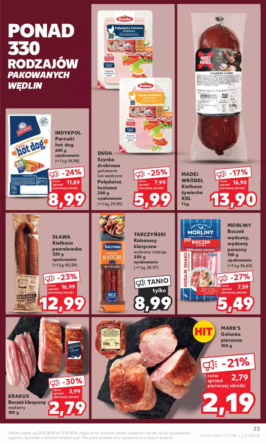 Gazetka promocyjna Kaufland - Gazetka tygodnia - ważna 25.01 do 31.01.2024 - strona 33 - produkty: Boczek, Duda, Golonka pieczona, Hot dog, Kabanos, Kiełbasa, Krakus, Madej Wróbel, Morliny, Parówki, Parówki hot dog, Piec, Polędwica, Szynka, Tarczyński