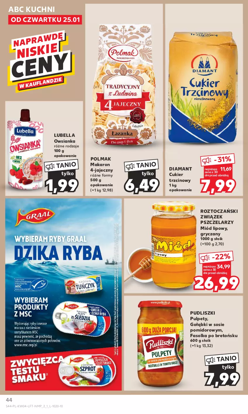 Gazetka promocyjna Kaufland - Gazetka tygodnia - ważna 25.01 do 31.01.2024 - strona 44 - produkty: Bell, Bella, Cukier, Cukier trzcinowy, Diamant, Fa, Gry, Lubella, Makaron, Miód, Olma, Owsianka, Pudliszki, Pulpety, Sos