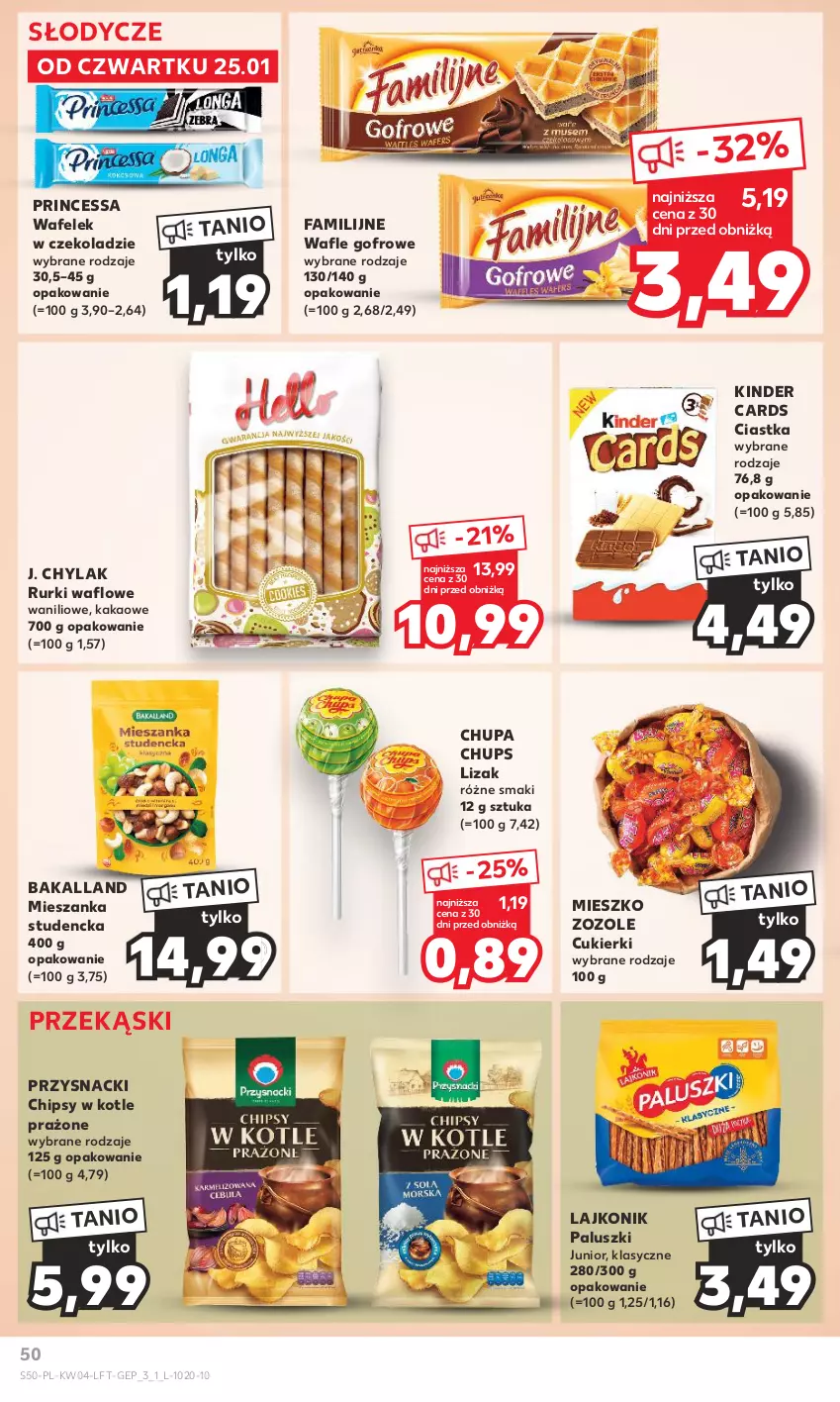 Gazetka promocyjna Kaufland - Gazetka tygodnia - ważna 25.01 do 31.01.2024 - strona 50 - produkty: Bakalland, Chipsy, Chupa Chups, Ciastka, Cukier, Cukierki, Fa, J. Chylak, Kakao, Kinder, Lajkonik, Mieszanka studencka, Princessa, Przysnacki, Rurki, Wafelek, Wafle