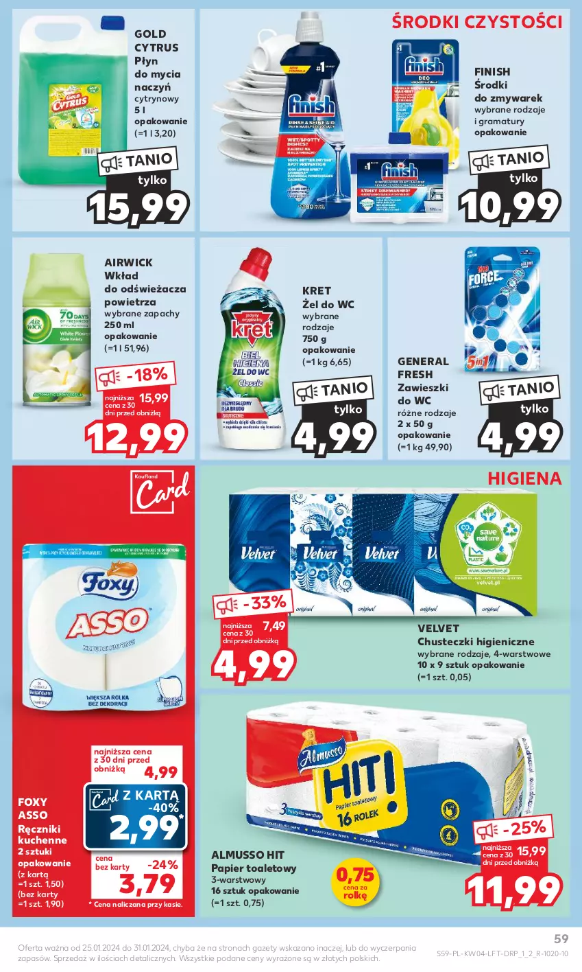 Gazetka promocyjna Kaufland - Gazetka tygodnia - ważna 25.01 do 31.01.2024 - strona 59 - produkty: Chusteczki, Do mycia naczyń, Finish, Foxy, Gra, Kret, Mus, Papier, Papier toaletowy, Płyn do mycia, Płyn do mycia naczyń, Rama, Ręcznik, Velvet, Zawieszki