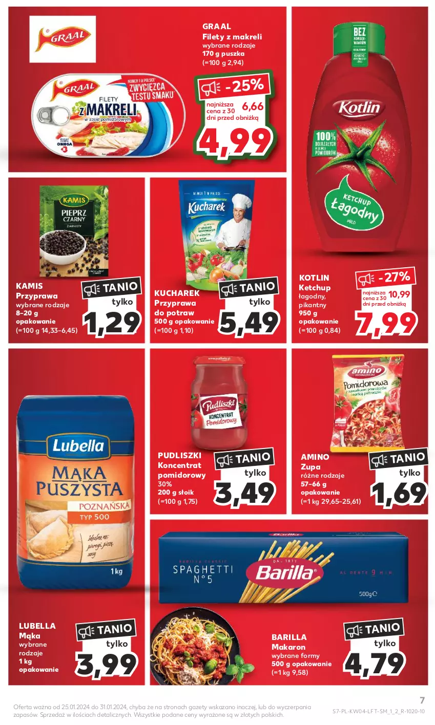 Gazetka promocyjna Kaufland - Gazetka tygodnia - ważna 25.01 do 31.01.2024 - strona 7 - produkty: Barilla, Bell, Bella, Gra, Graal, Kamis, Ketchup, Koncentrat pomidorowy, Kotlin, Kucharek, Lubella, Mąka, Makaron, Przyprawa do potraw, Pudliszki, Zupa