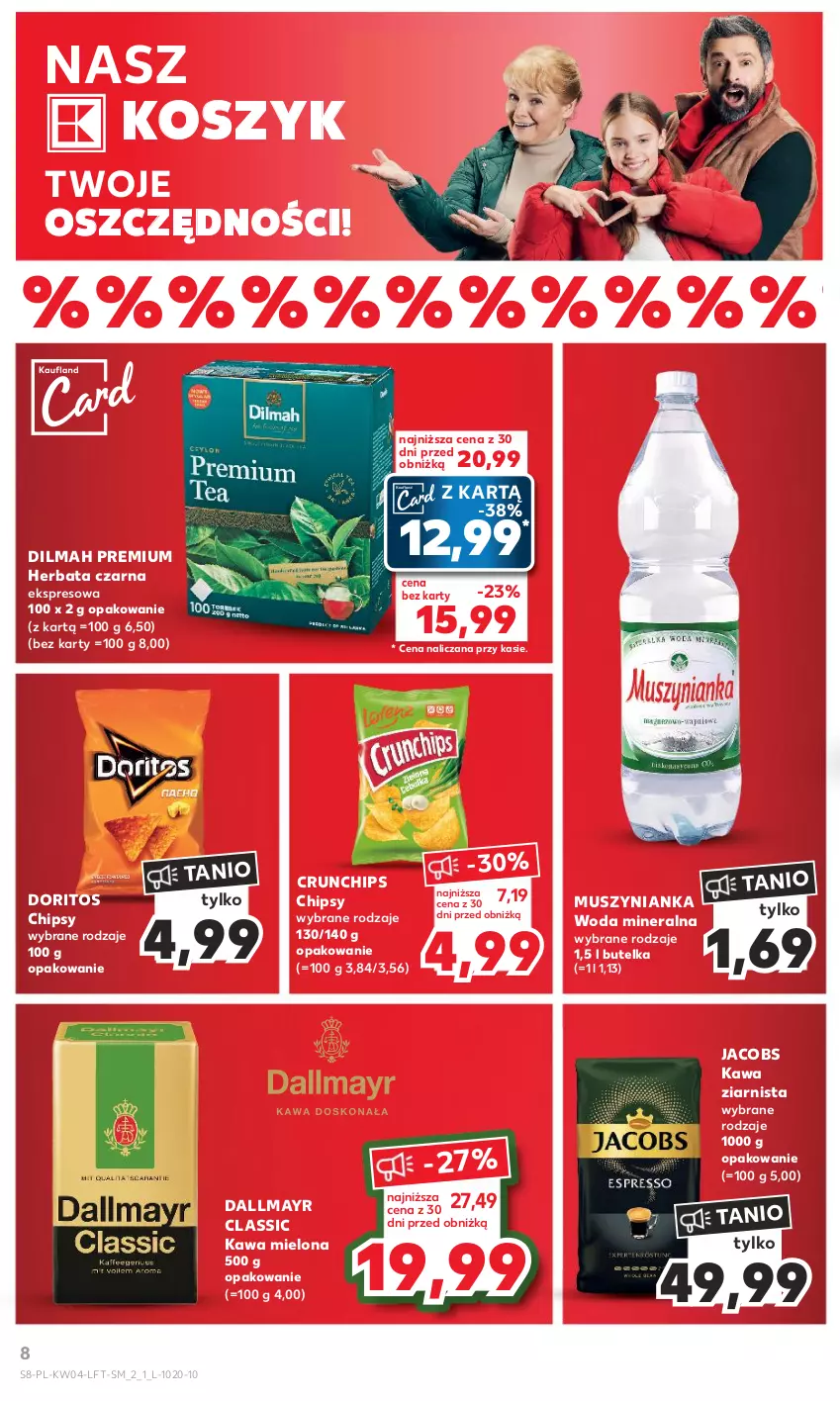 Gazetka promocyjna Kaufland - Gazetka tygodnia - ważna 25.01 do 31.01.2024 - strona 8 - produkty: Chipsy, Crunchips, Dallmayr, Dilmah, Herbata, Herbata czarna, Jacobs, Kawa, Kawa mielona, Kawa ziarnista, Kosz, Mus, Muszynianka, Woda, Woda mineralna