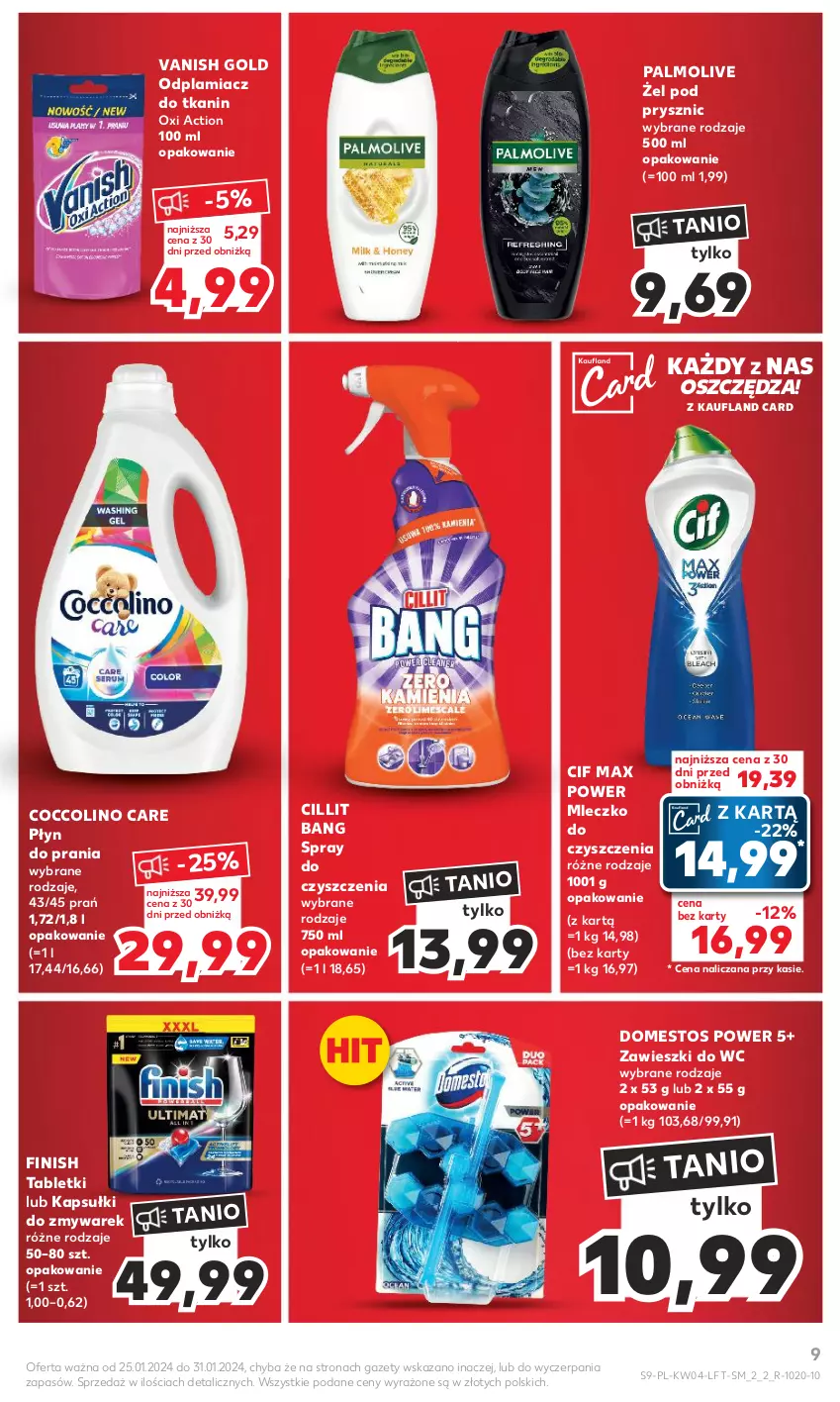 Gazetka promocyjna Kaufland - Gazetka tygodnia - ważna 25.01 do 31.01.2024 - strona 9 - produkty: Cif, Cillit Bang, Coccolino, Domestos, Finish, Mleczko, Odplamiacz, Palmolive, Płyn do prania, Spray do czyszczenia, Tablet, Vanish, Vanish Gold, Zawieszki