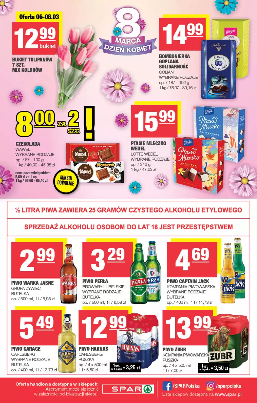 Gazetka promocyjna Spar - Spar - ważna 23.02 do 05.03.2025 - strona 8 - produkty: Bukiet, Captain Jack, Carlsberg, Czekolada, Goplana, Harnaś, LANA, Mleczko, Perła, Piwo, Ptasie mleczko, Tulipan, Warka, Wawel