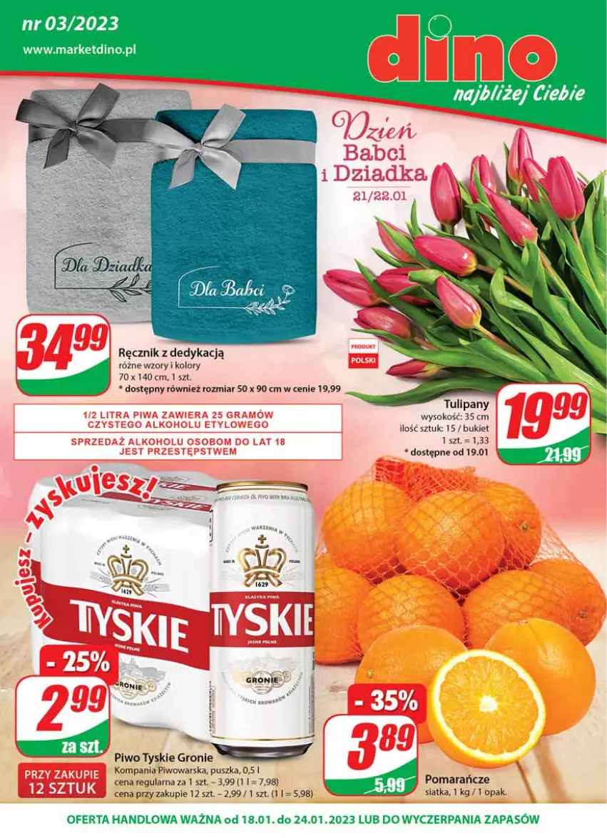 Gazetka promocyjna Dino - Gazetka - ważna 18.01 do 24.01.2023 - strona 1 - produkty: Bukiet, JBL, Piwo, Pomarańcze, Ręcznik, Siatka, Sok, Tulipan, Tyskie