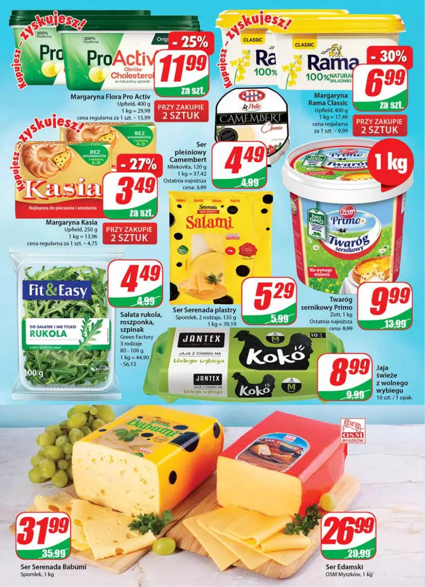 Gazetka promocyjna Dino - Gazetka - ważna 18.01 do 24.01.2023 - strona 14 - produkty: Camembert, Edam, Fa, Flora, Jaja, Kasia, Margaryna, Mysz, Roszponka, Rukola, Sałat, Ser, Ser pleśniowy, Szpinak, Zott