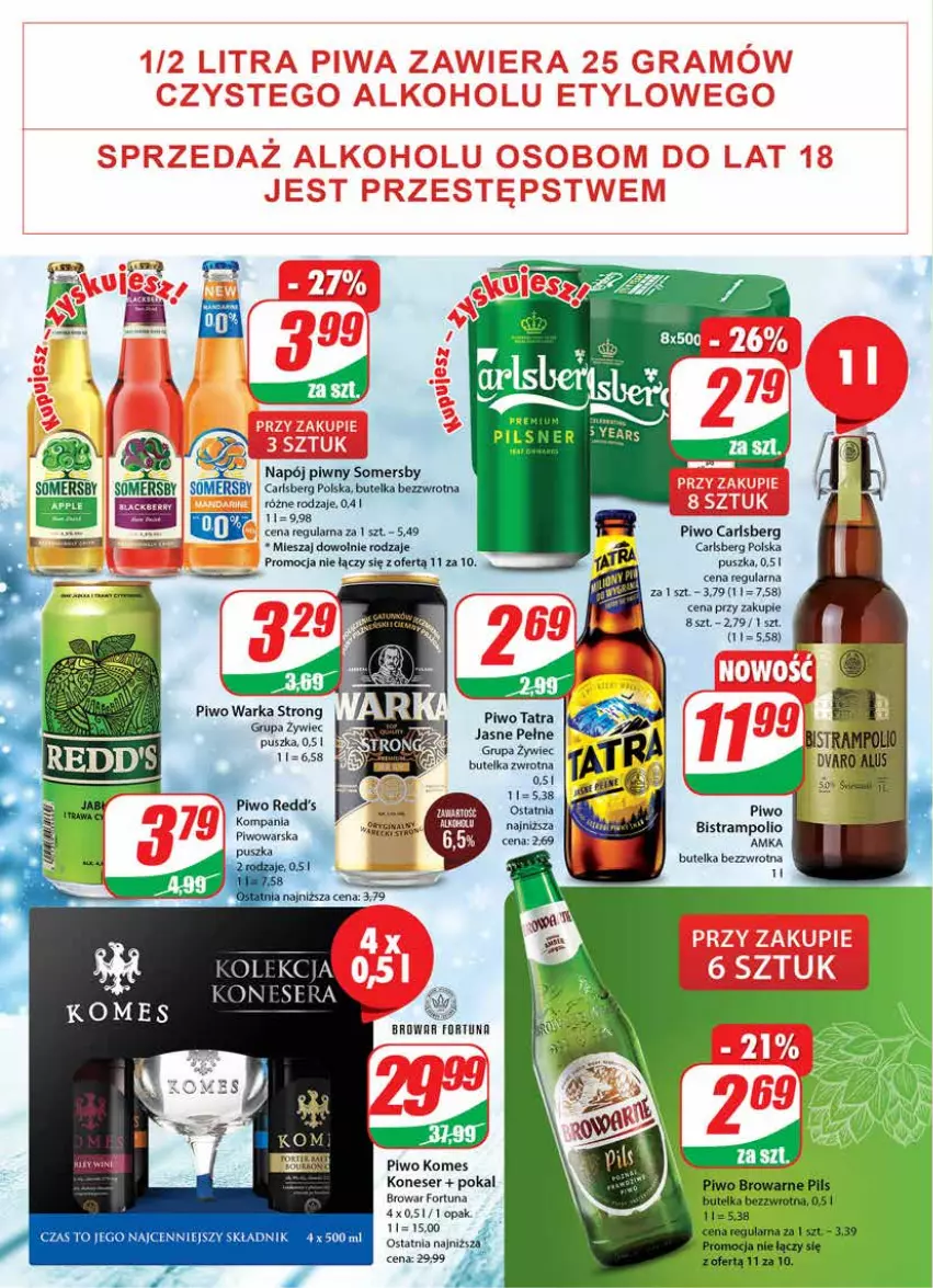 Gazetka promocyjna Dino - Gazetka - ważna 18.01 do 24.01.2023 - strona 16 - produkty: Carlsberg, Fortuna, Gra, Napój, Piwa, Piwo, Róża, Ser, Somersby, Tatra, Warka