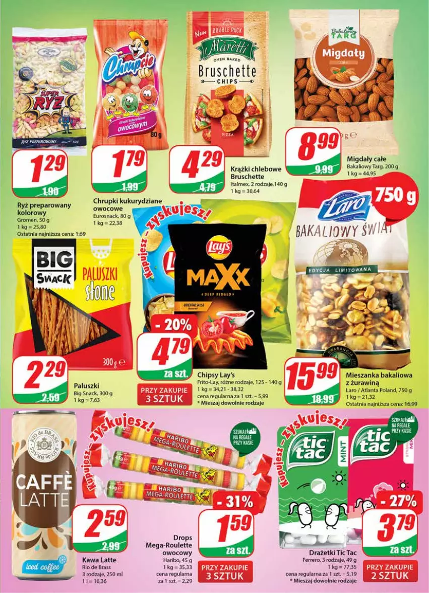 Gazetka promocyjna Dino - Gazetka - ważna 18.01 do 24.01.2023 - strona 17 - produkty: Bruschette, Chipsy, Chleb, Chrupki, Ferrero, Haribo, Kawa, Mieszanka bakaliowa, Migdały, Ryż, Sati