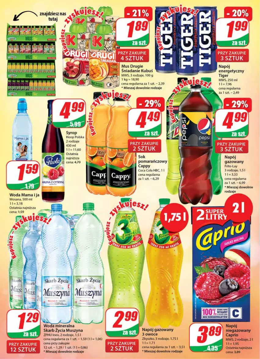 Gazetka promocyjna Dino - Gazetka - ważna 18.01 do 24.01.2023 - strona 2 - produkty: Cappy, Hoop, Kubuś, Mus, Napój, Napój gazowany, Owoce, Sok, Syrop, Szyna, Tiger, Woda, Woda mineralna, Wosana