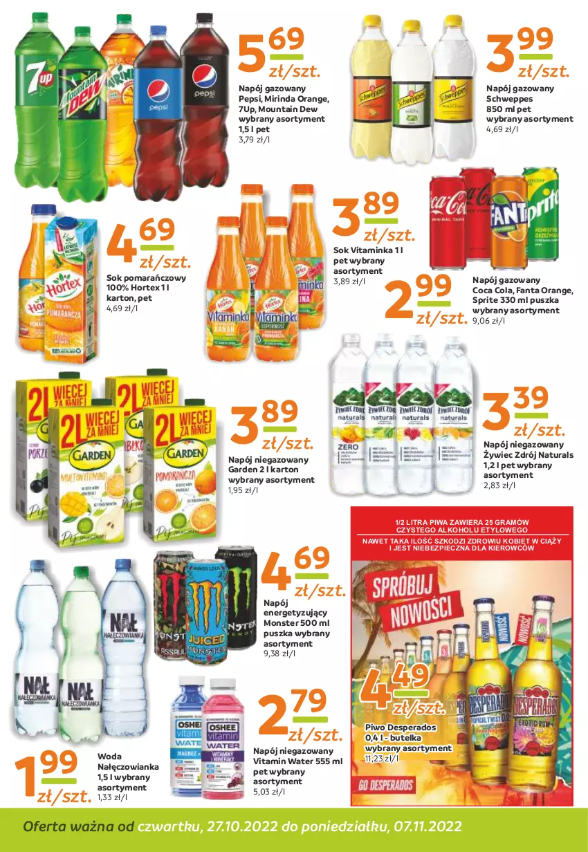 Gazetka promocyjna Gama - Gazetka Gama - ważna 07.11.2022 do 27.10.2023 - strona 10 - produkty: 7up, Desperados, Fa, Fanta, Gra, Hortex, Inka, Mirinda, Nałęczowianka, Napój, Napój gazowany, Napój niegazowany, Pepsi, Piec, Piwa, Piwo, Schweppes, Sok, Sok pomarańczowy, Sprite, Woda