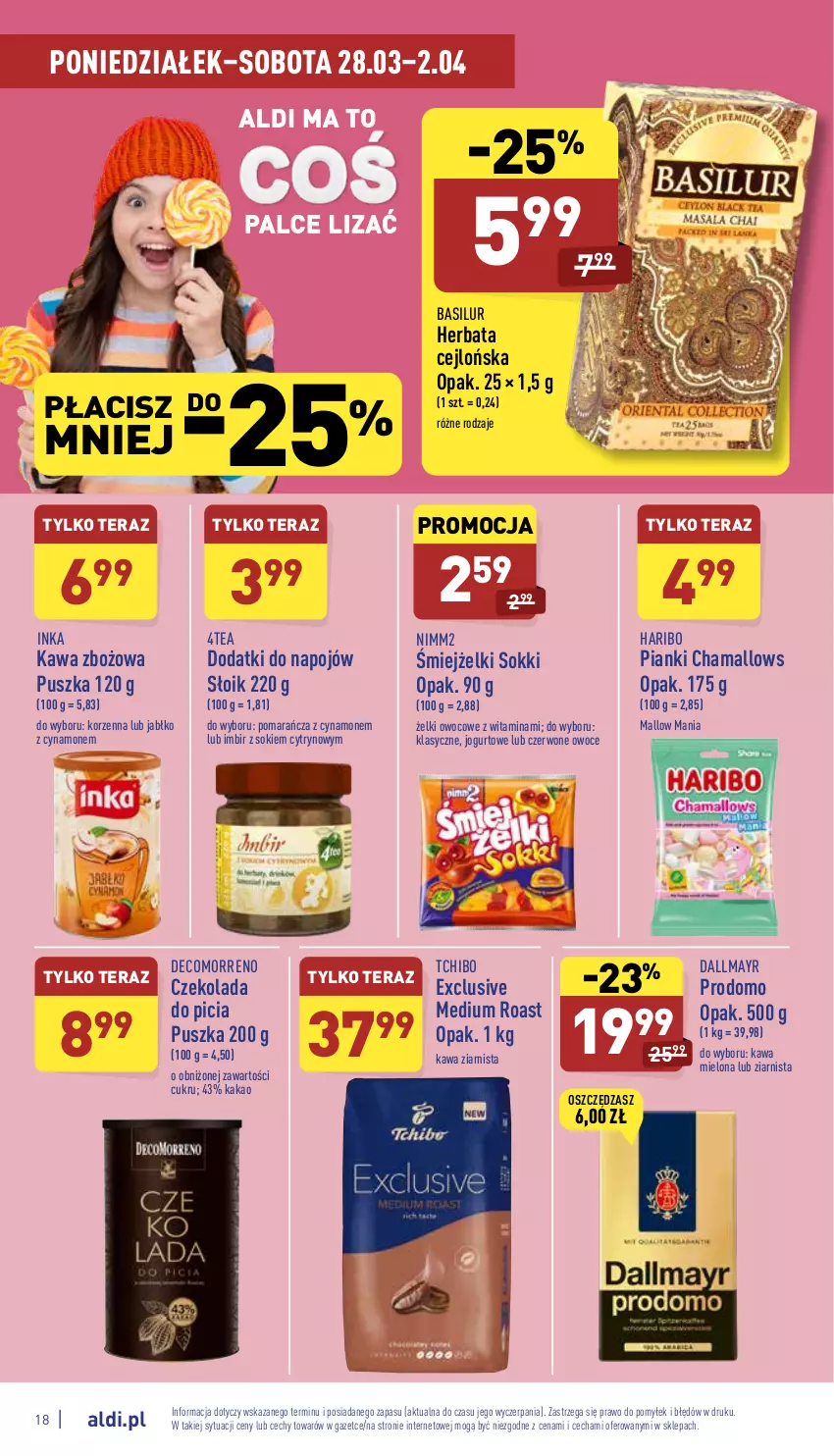 Gazetka promocyjna Aldi - Pełny katalog - ważna 28.03 do 02.04.2022 - strona 18 - produkty: Czekolada, Dallmayr, Hama, Haribo, Herbata, Imbir, Inka, Jogurt, Kakao, Kawa, Kawa mielona, Kawa zbożowa, Kawa ziarnista, Nimm2, Owoce, Sok, Tchibo, Tera