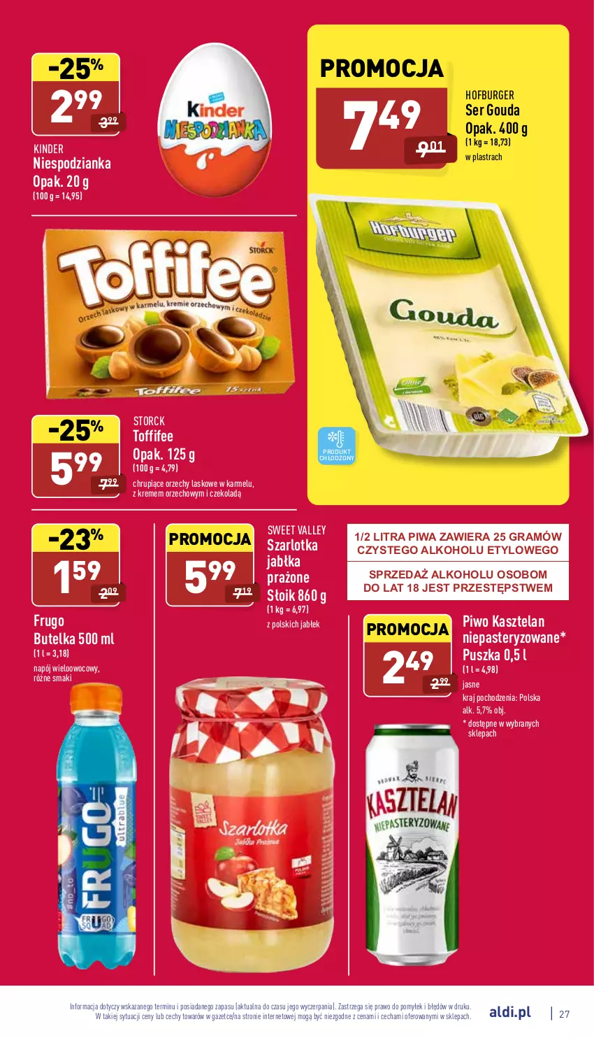 Gazetka promocyjna Aldi - Pełny katalog - ważna 28.03 do 02.04.2022 - strona 27 - produkty: Burger, Gouda, Gra, Hofburger, Jabłka, Jabłka prażone, Kasztelan, Kinder, Napój, Piwa, Piwo, Ser, Szarlotka, Toffifee