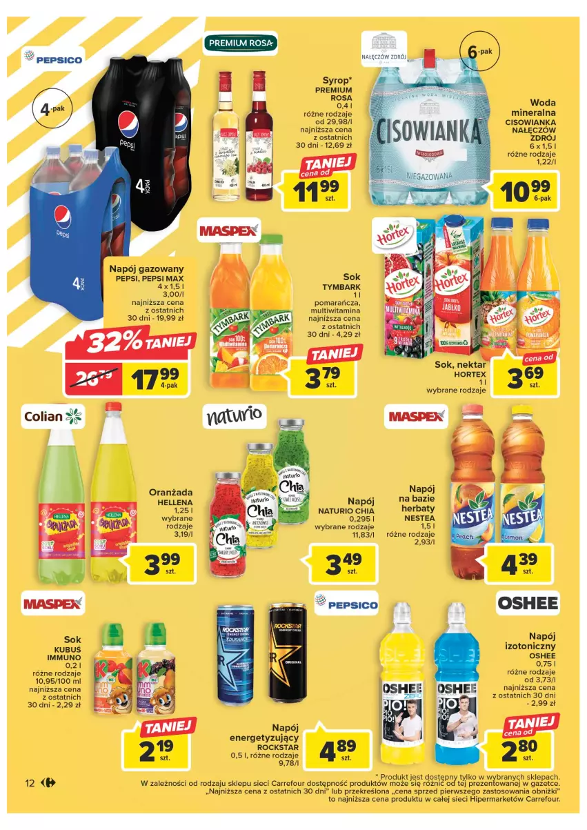 Gazetka promocyjna Carrefour - Gazetka Carrefour - ważna 10.01 do 21.01.2023 - strona 12 - produkty: Chia, Cisowianka, Hellena, Hortex, Napój, Napój gazowany, Nektar, Nestea, Oranżada, Oshee, Pepsi, Pepsi max, Sok, Syrop, Tymbark, Woda, Woda mineralna