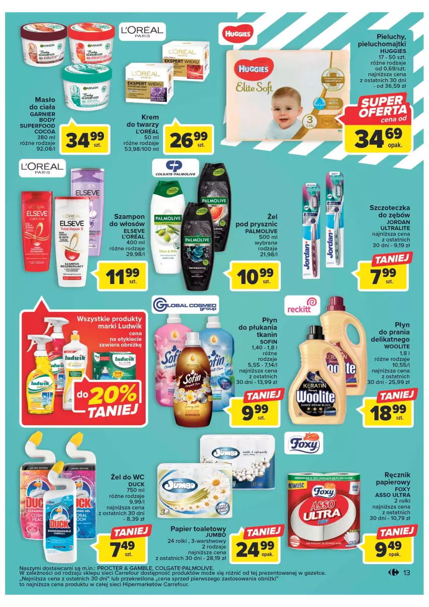 Gazetka promocyjna Carrefour - Gazetka Carrefour - ważna 10.01 do 21.01.2023 - strona 13 - produkty: Body, Colgate, Duck, Elseve, Garnier, Huggies, Lack, LG, Ludwik, Majtki, Masło, Palmolive, Papier, Papier toaletowy, Pieluchomajtki, Pieluchy, Płyn do płukania, Ręcznik, Rolki, Sito, Szampon, Szczoteczka, Szczoteczka do zębów, Wasa, Woolite