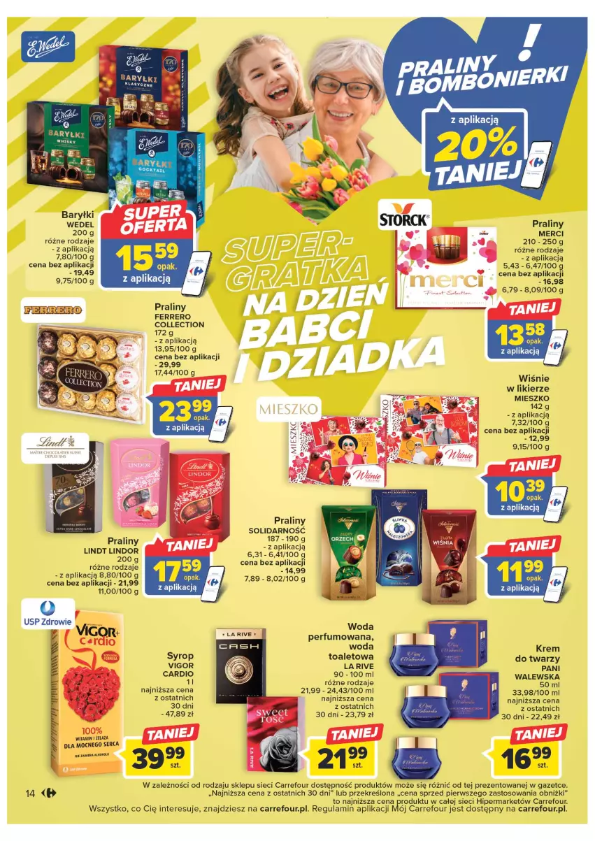 Gazetka promocyjna Carrefour - Gazetka Carrefour - ważna 10.01 do 21.01.2023 - strona 14 - produkty: Baryłki, Fa, Ferrero, Krem do twarzy, La Rive, Likier, Lindor, Lindt, Merci, Perfum, Praliny, Ser, Syrop, Woda, Woda toaletowa