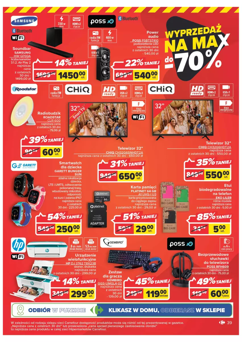 Gazetka promocyjna Carrefour - Gazetka Carrefour - ważna 10.01 do 21.01.2023 - strona 39 - produkty: Drukarka, Fa, Gra, HP, Karta pamięci, PLATINET, Por, Power audio, PSB, Samsung, Skaner, Słuchawki, Smartwatch, Soundbar, Telefon, Telewizor, Urządzenie wielofunkcyjne