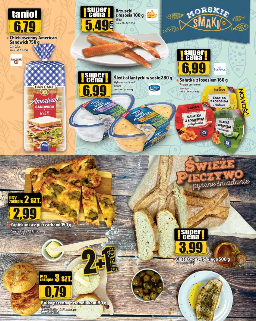 Gazetka promocyjna Topaz - Gazetka - ważna 04.07 do 10.07.2024 - strona 15 - produkty: Brzuszki z łososia, Chleb, Dan Cake, Sałat, Sałatka, Sledź, Sos, Suempol