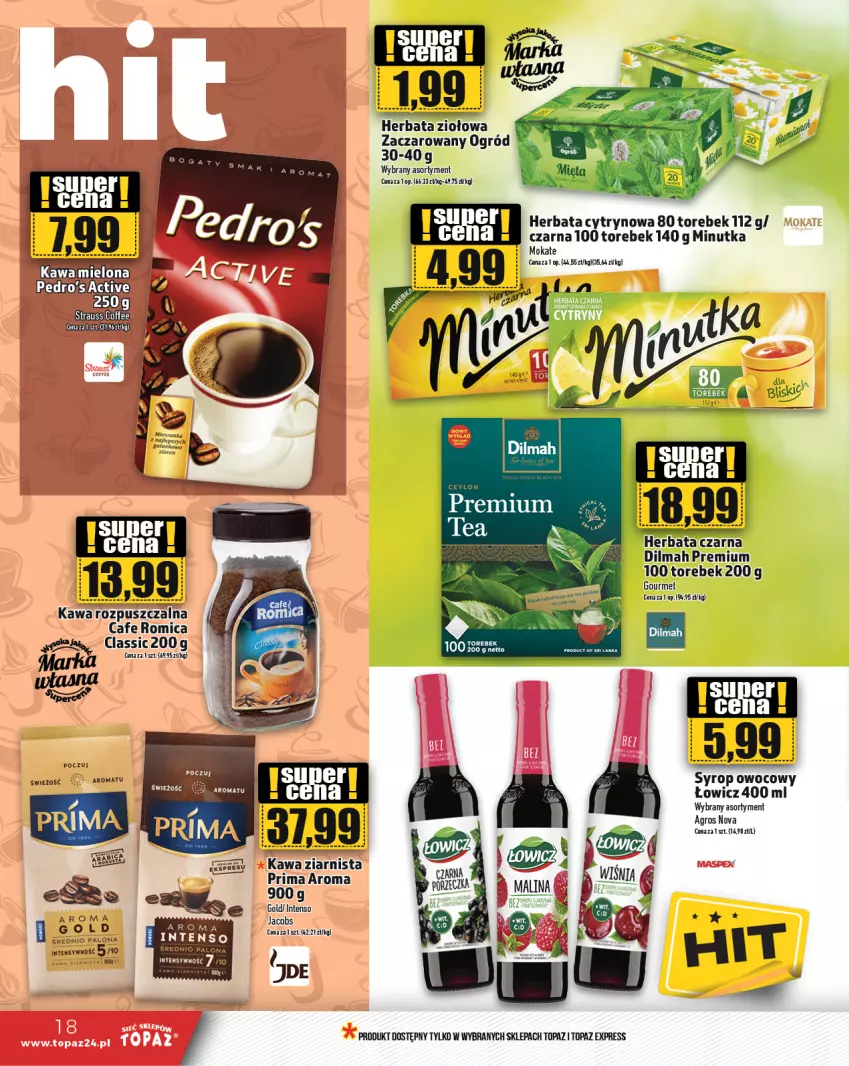 Gazetka promocyjna Topaz - Gazetka - ważna 04.07 do 10.07.2024 - strona 18 - produkty: Dilmah, Herbata, Herbata czarna, Kawa, Kawa rozpuszczalna, Ogród, Prima, Syrop, Top