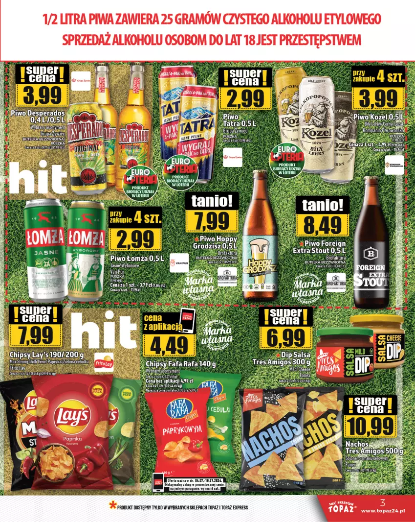 Gazetka promocyjna Topaz - Gazetka - ważna 04.07 do 10.07.2024 - strona 3 - produkty: Chipsy, Desperados, Fa, Gin, Gra, Kozel, Papryka, Piwa, Piwo, Top