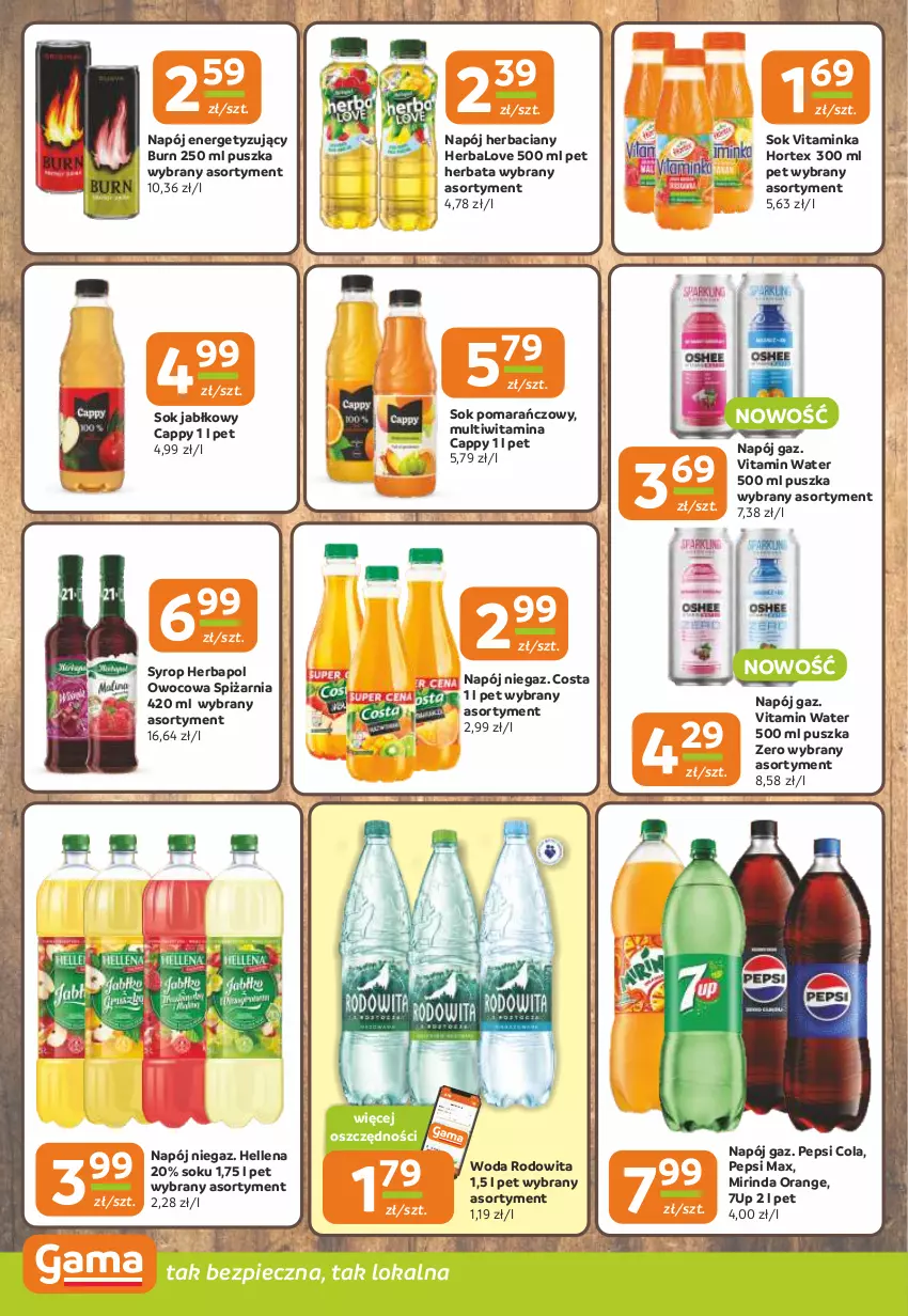 Gazetka promocyjna Gama - Gazetka Gama - ważna 14.11 do 26.11.2024 - strona 10 - produkty: 7up, Cappy, Hellena, Herbapol, Herbata, Hortex, Inka, Mirinda, Napój, Pepsi, Pepsi max, Piec, Sok, Sok jabłkowy, Sok pomarańczowy, Syrop, Woda