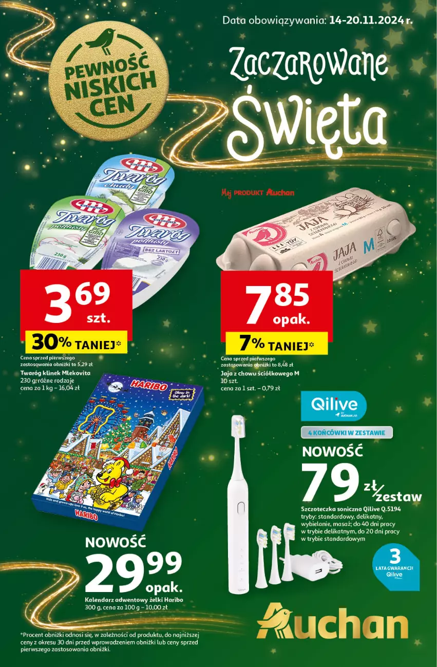 Gazetka promocyjna Auchan - Gazetka Pewność Niskich Cen Hipermarket Auchan - ważna 14.11 do 20.11.2024 - strona 1 - produkty: Haribo, Kalendarz, Kalendarz adwentowy, Mleko, Mlekovita, Por, Szczoteczka, Szczoteczka soniczna, Twaróg