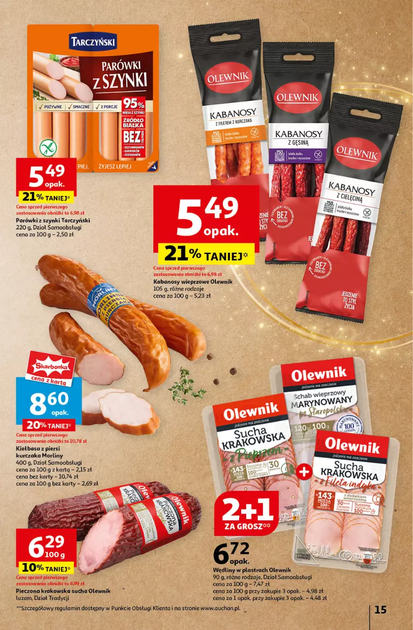 Gazetka promocyjna Auchan - Gazetka Pewność Niskich Cen Hipermarket Auchan - ważna 14.11 do 20.11.2024 - strona 17 - produkty: Kabanos, Kiełbasa, Kurczak, Morliny, Olewnik, Parówki, Parówki z szynki, Piec, Schab wieprzowy, Tarczyński