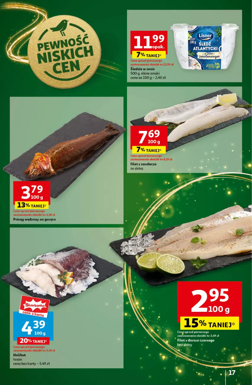 Gazetka promocyjna Auchan - Gazetka Pewność Niskich Cen Hipermarket Auchan - ważna 14.11 do 20.11.2024 - strona 19 - produkty: Filet z sandacza, Halibut, Pstrąg, Pstrąg wędzony, Sandacz, Sos, Tusz