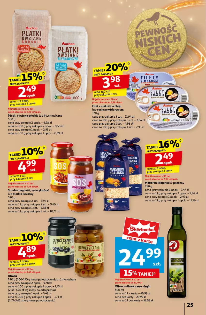 Gazetka promocyjna Auchan - Gazetka Pewność Niskich Cen Hipermarket Auchan - ważna 14.11 do 20.11.2024 - strona 27 - produkty: Filet z makreli, Gin, Makaron, Olej, Oliwa z oliwek, Oliwki, Płatki owsiane, Sos, Spaghetti