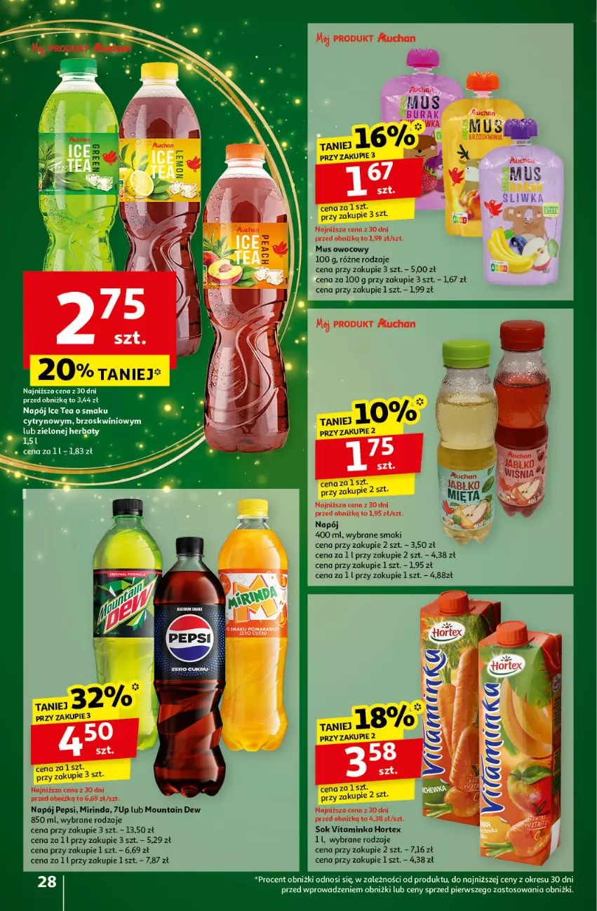 Gazetka promocyjna Auchan - Gazetka Pewność Niskich Cen Hipermarket Auchan - ważna 14.11 do 20.11.2024 - strona 30 - produkty: 7up, Hortex, Ice tea, Inka, Mięta, Mirinda, Mus, Napój, Pepsi, Sok