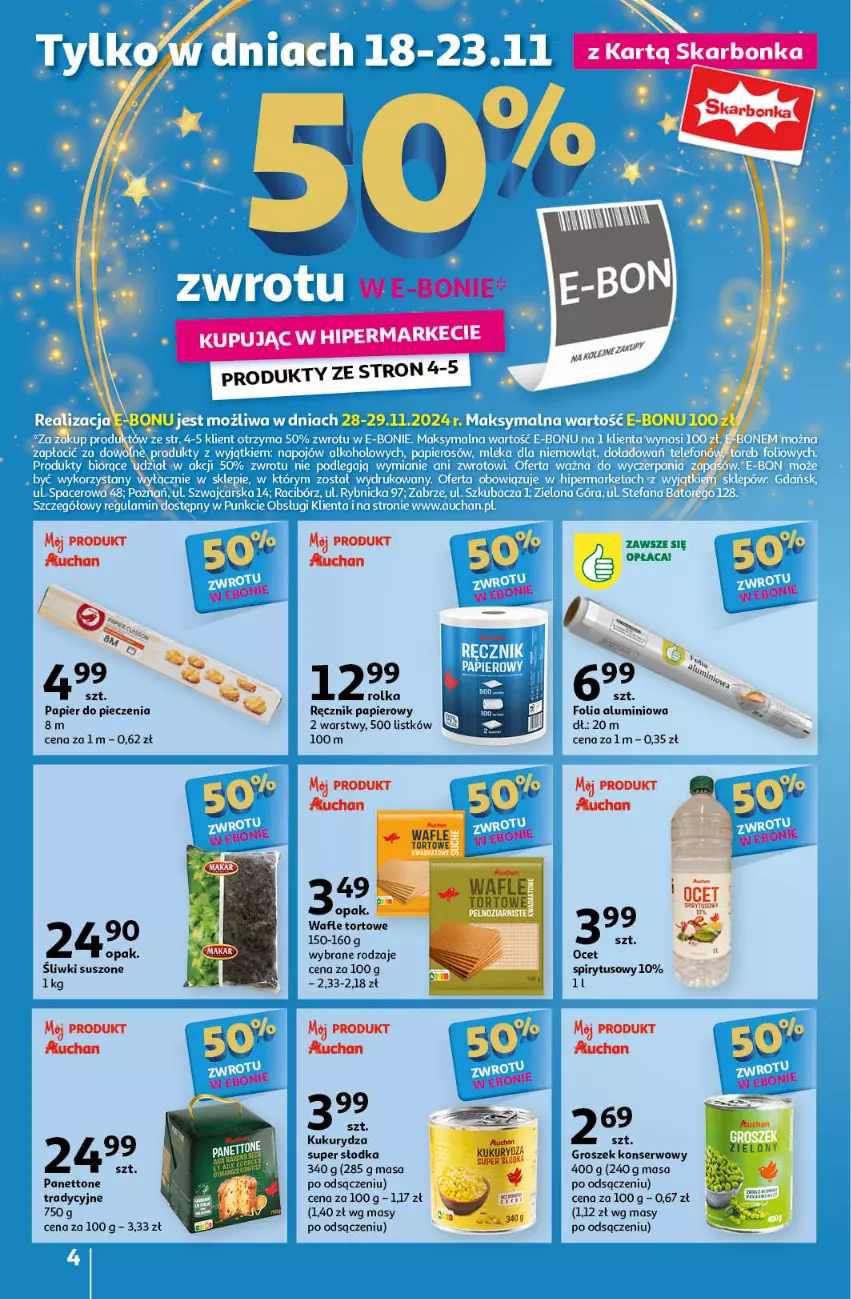 Gazetka promocyjna Auchan - Gazetka Pewność Niskich Cen Hipermarket Auchan - ważna 14.11 do 20.11.2024 - strona 4 - produkty: Folia aluminiowa, Groszek, Kukurydza, Olej, Papier, Papier do pieczenia, Piec, Ręcznik, Ser, Wafle, Wafle tortowe