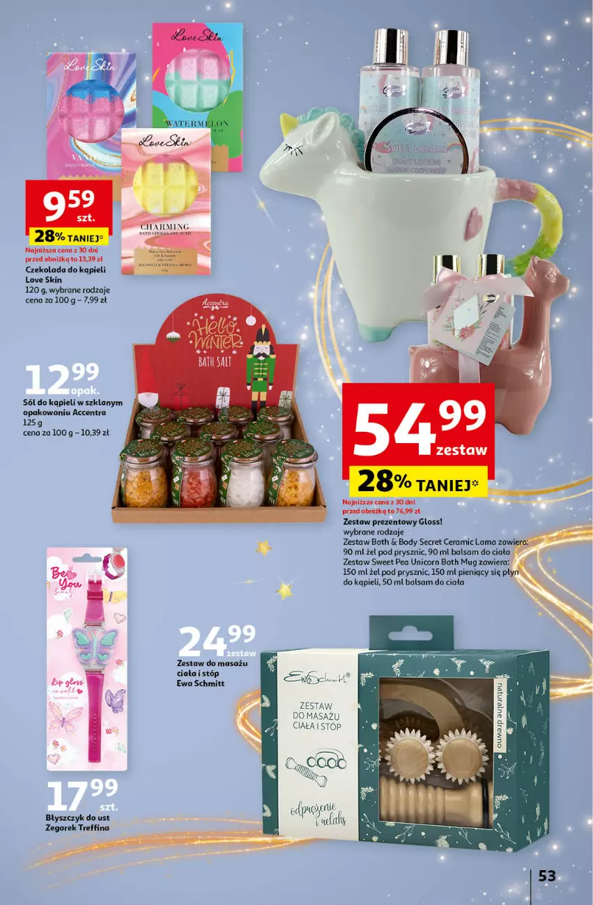 Gazetka promocyjna Auchan - Gazetka Pewność Niskich Cen Hipermarket Auchan - ważna 14.11 do 20.11.2024 - strona 59 - produkty: Balsam do ciała, Błyszczyk do ust, Body, Czekolada, Ewa Schmitt, Sól, Sól do kąpieli, Zegar, Zegarek, Zestaw prezentowy