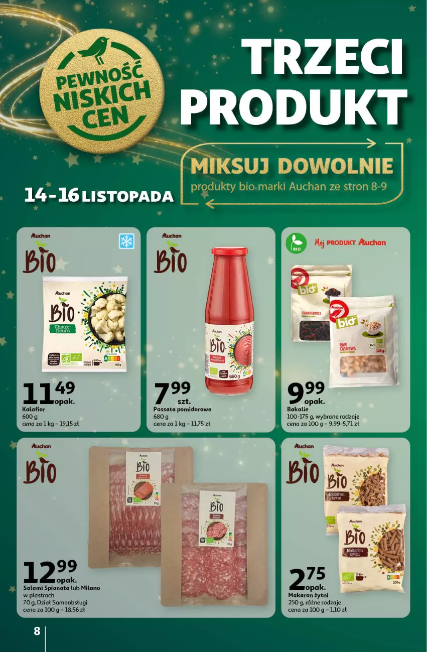 Gazetka promocyjna Auchan - Gazetka Pewność Niskich Cen Hipermarket Auchan - ważna 14.11 do 20.11.2024 - strona 8 - produkty: Kalafior, Makaron, Makaron żytni, Salami, Top