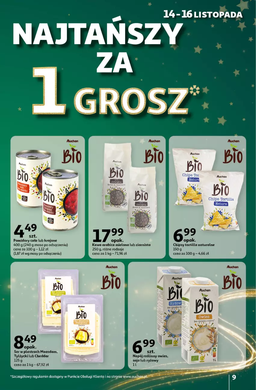 Gazetka promocyjna Auchan - Gazetka Pewność Niskich Cen Hipermarket Auchan - ważna 14.11 do 20.11.2024 - strona 9 - produkty: Cheddar, Fa, Kawa, Maasdam, Napój, Napój roślinny, Pomidory, Ryż, Ser, Tortilla