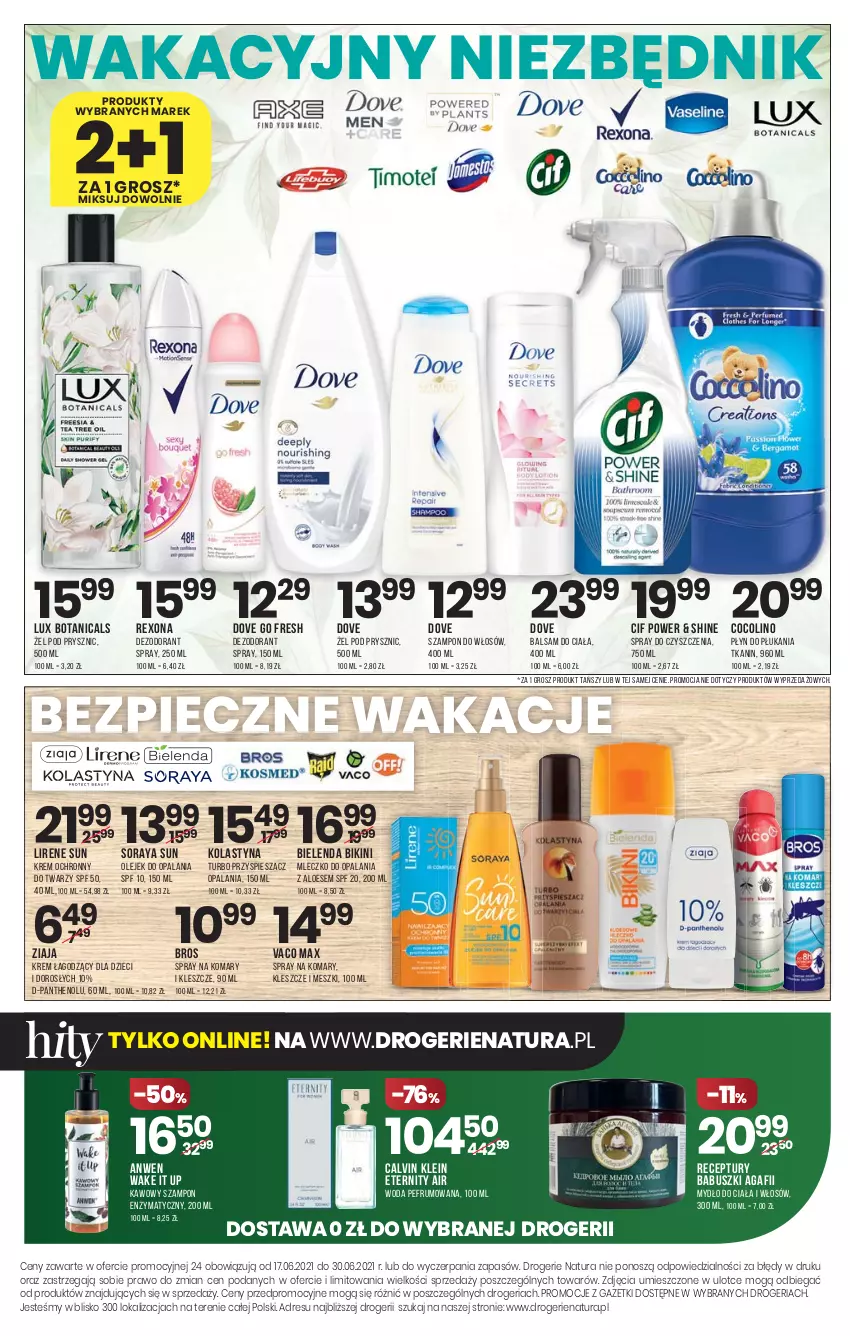 Gazetka promocyjna Drogerie Natura - Gazetka Drogerie Natura - ważna 17.06 do 23.06.2021 - strona 16 - produkty: Balsam do ciała, Bielenda, Bikini, Calvin Klein, Cif, Dezodorant, Dove, Dzieci, Lirene, Mleczko, Mydło, Olej, Piec, Płyn do płukania, Rexona, Rum, Spray do czyszczenia, Szampon, Woda, Ziaja