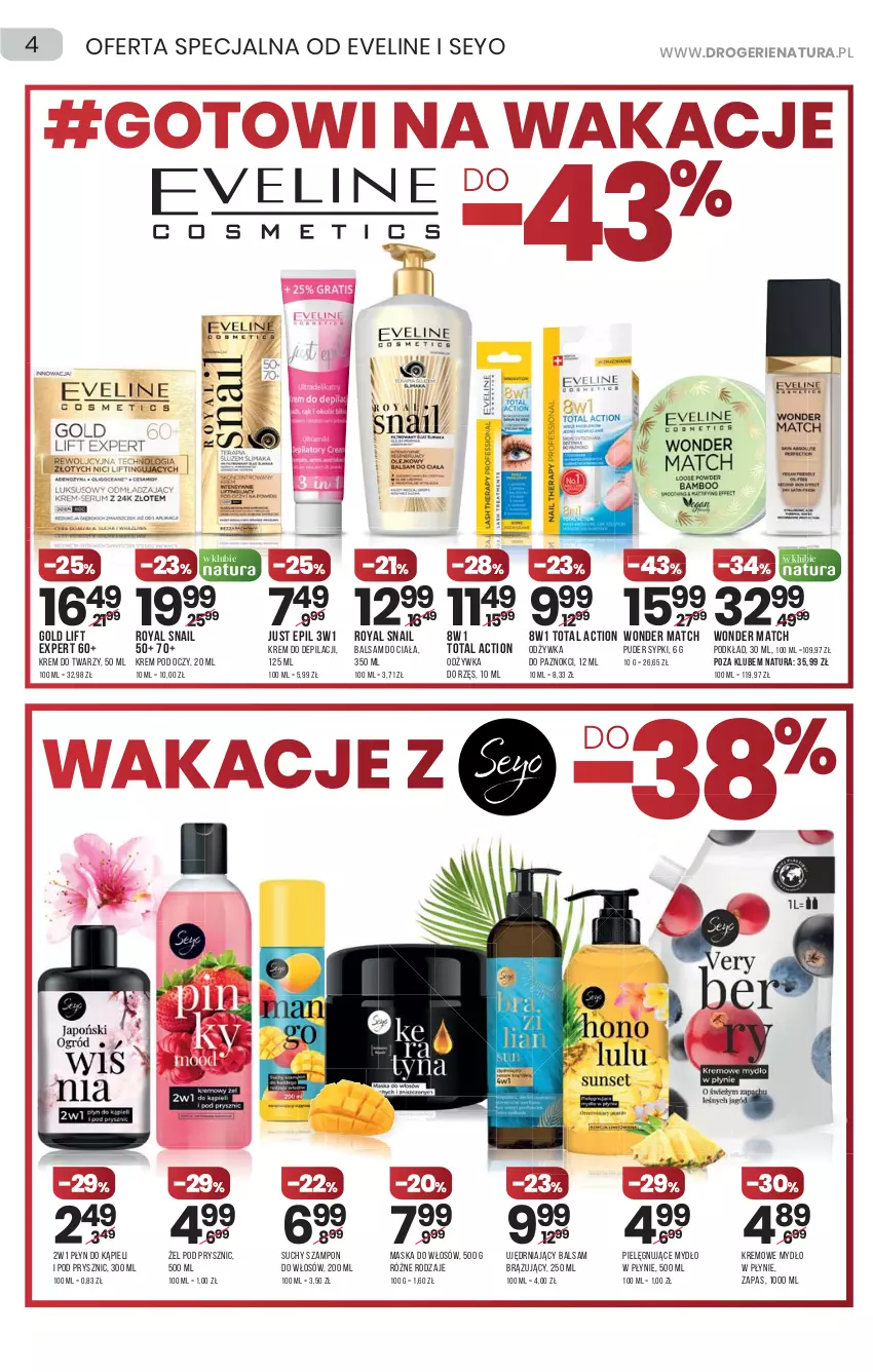 Gazetka promocyjna Drogerie Natura - Gazetka Drogerie Natura - ważna 17.06 do 23.06.2021 - strona 4 - produkty: Balsam do ciała, Krem do depilacji, Krem do twarzy, Krem pod oczy, Maska, Maska do włosów, Mydło, Mydło w płynie, Odżywka, Płyn do kąpieli, Podkład, Puder, Suchy szampon, Szampon