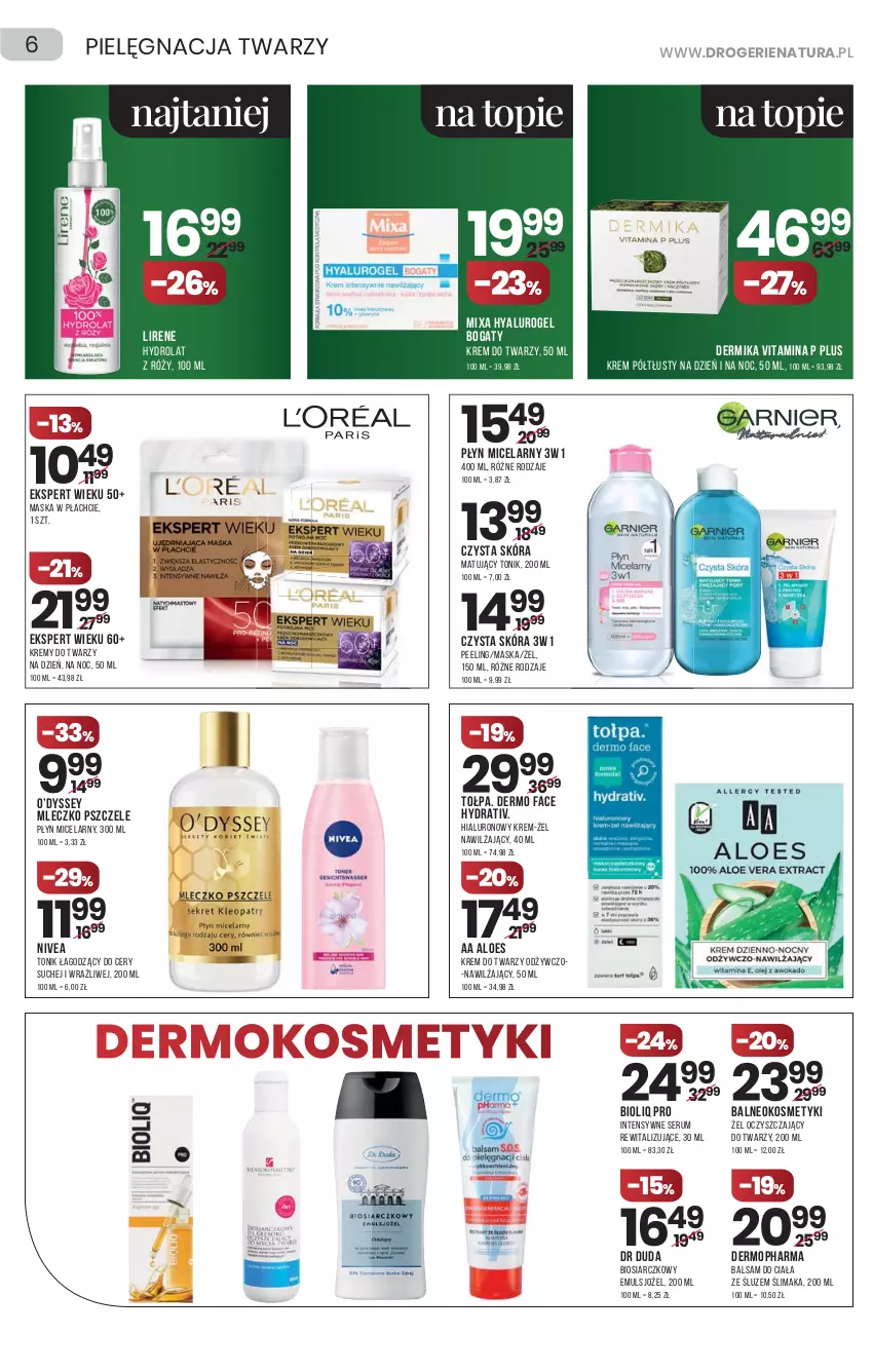 Gazetka promocyjna Drogerie Natura - Gazetka Drogerie Natura - ważna 17.06 do 23.06.2021 - strona 6 - produkty: Balsam do ciała, Dermika, Duda, Fa, Hydrolat, Krem do twarzy, Lirene, Maska, Maska w płachcie, Mixa, Mleczko, Mop, Nivea, Peeling, Płyn micelarny, Rum, Ser, Serum, Tołpa, Tonik, Top