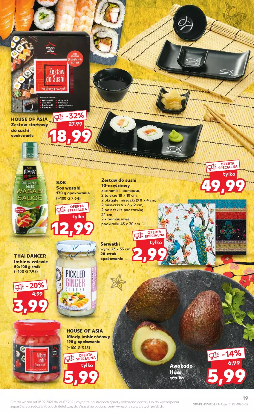 Gazetka promocyjna Kaufland - OFERTA TYGODNIA - ważna 18.02 do 24.02.2021 - strona 19 - produkty: House of Asia, Imbir, Podkład, Ser, Serwetki, Sos, Sushi, Talerz, Wasa, Zestaw do sushi