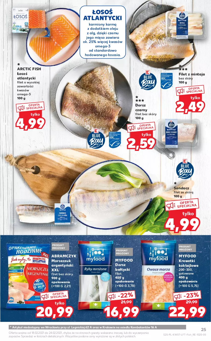 Gazetka promocyjna Kaufland - OFERTA TYGODNIA - ważna 18.02 do 24.02.2021 - strona 25 - produkty: Dorsz, Filet z mintaja, Karmi, Krewetki, LG, Mięso, Mintaj, Olej, Omega-3, Sandacz, Sandacz filet, Sok, Sos