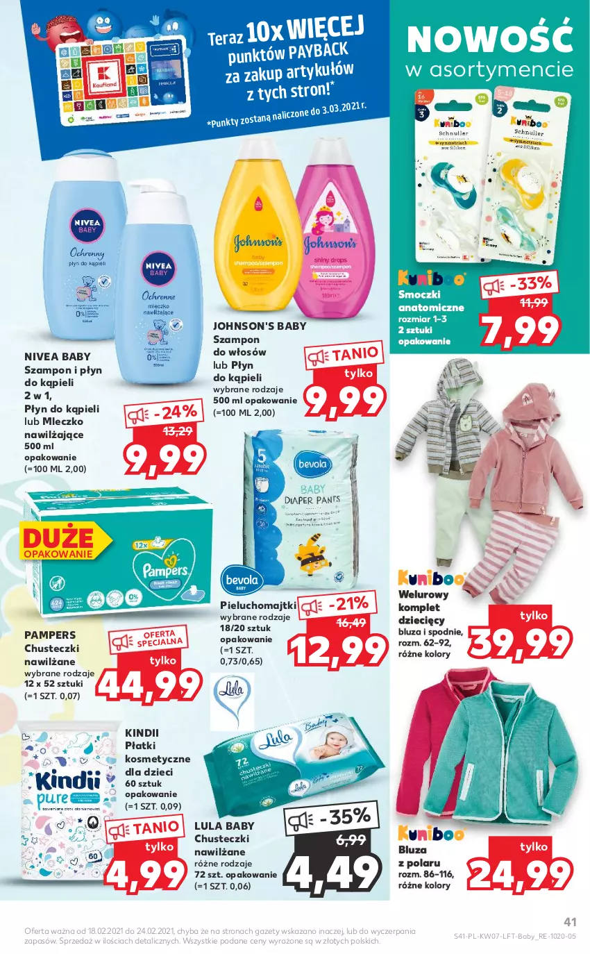 Gazetka promocyjna Kaufland - OFERTA TYGODNIA - ważna 18.02 do 24.02.2021 - strona 41 - produkty: Atomic, Bluza, Chusteczki, Dzieci, Johnson's, Johnson's Baby, Kindii, Majtki, Mleczko, Nivea, Nivea Baby, Pampers, Pieluchomajtki, Płatki kosmetyczne, Płyn do kąpieli, Spodnie, Szampon, Tera