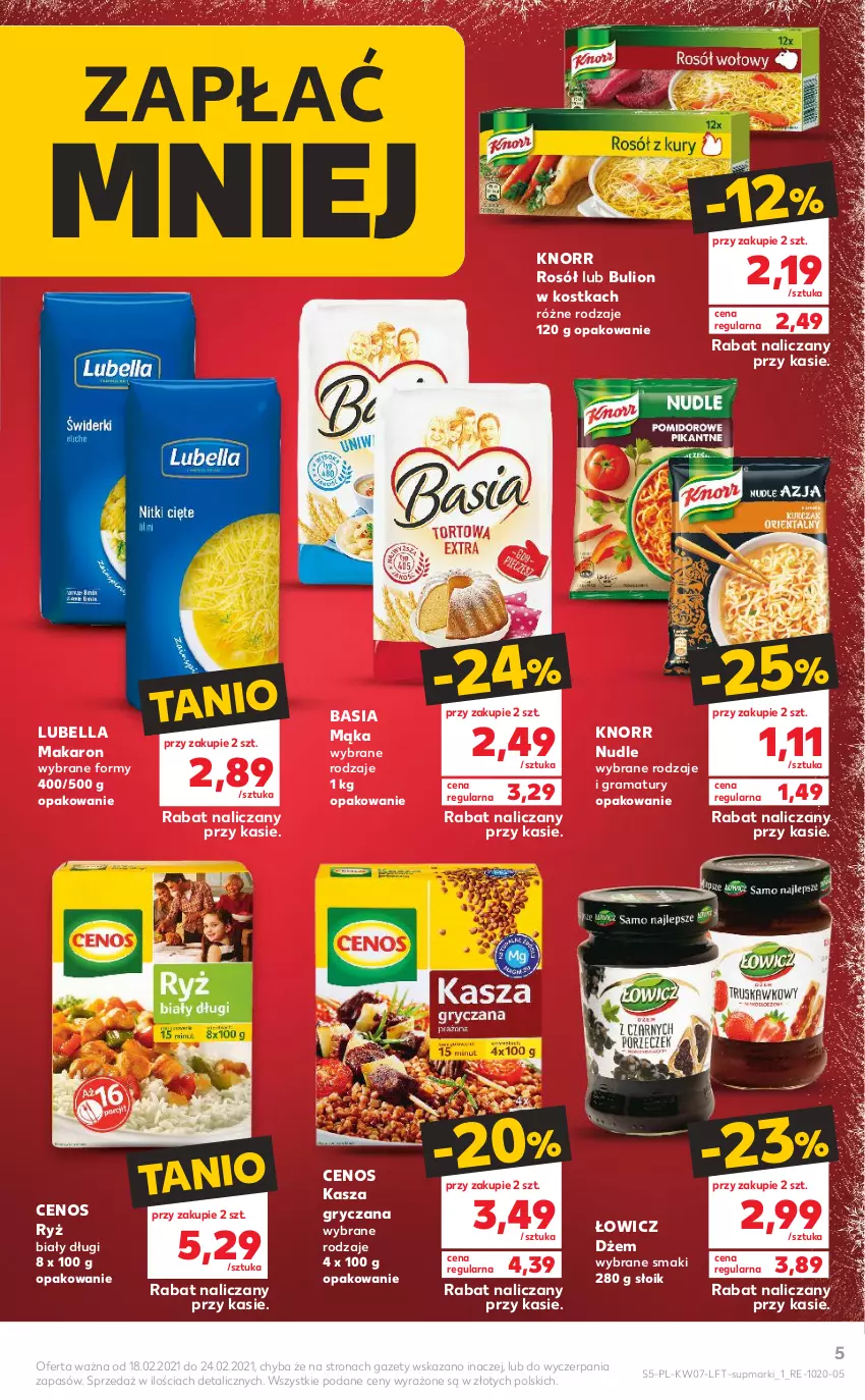 Gazetka promocyjna Kaufland - OFERTA TYGODNIA - ważna 18.02 do 24.02.2021 - strona 5 - produkty: Basia, Bell, Bella, Bulion, Cenos, Dżem, Gra, Gry, Kasza, Kasza gryczana, Knorr, Lion, Lubella, Mąka, Makaron, Rama, Rosół, Ryż, Ryż biały