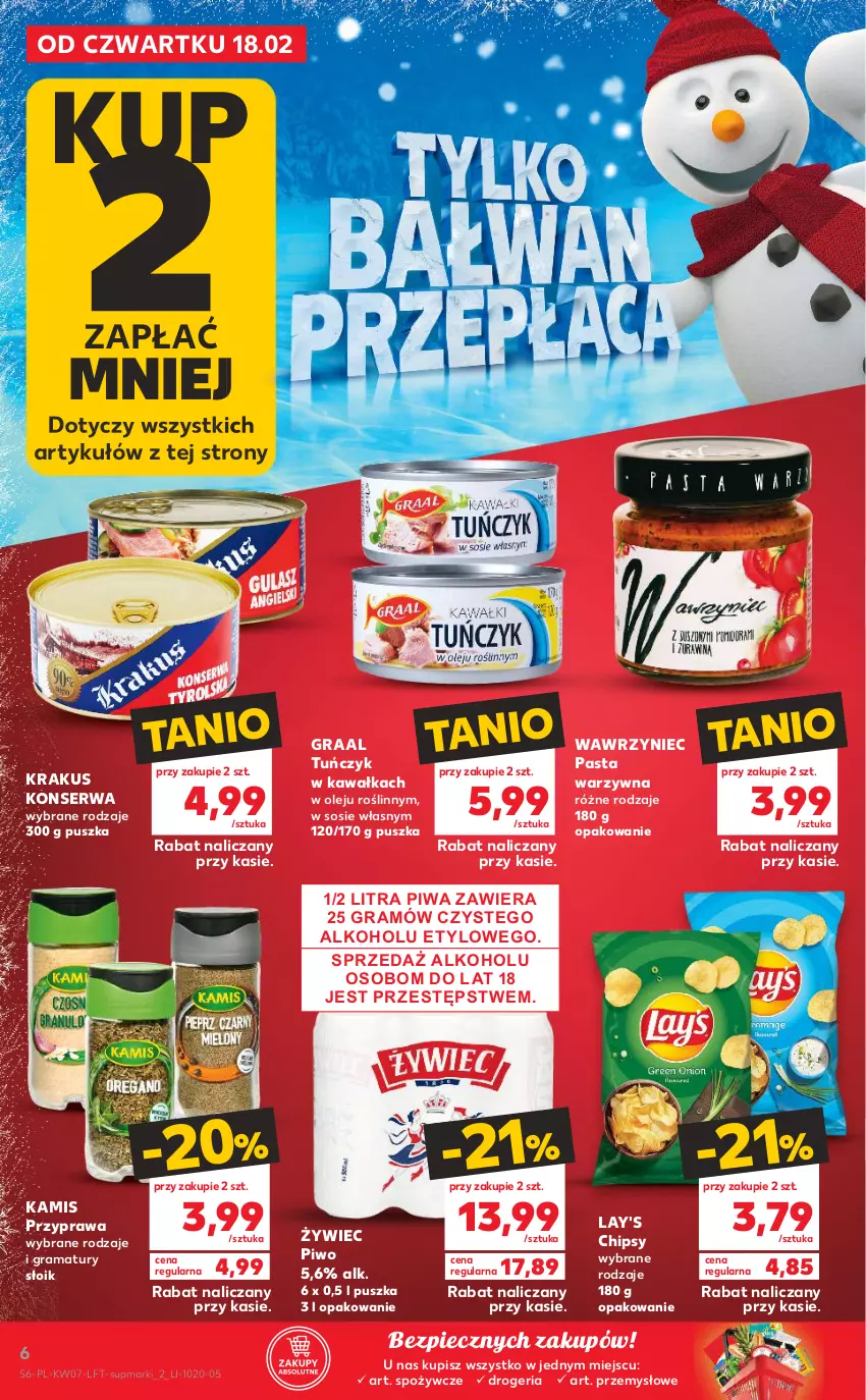 Gazetka promocyjna Kaufland - OFERTA TYGODNIA - ważna 18.02 do 24.02.2021 - strona 6 - produkty: Chipsy, Gra, Graal, Kamis, Kawa, Krakus, Olej, Pasta warzywna, Piec, Piwa, Piwo, Rama, Ser, Sos, Tuńczyk