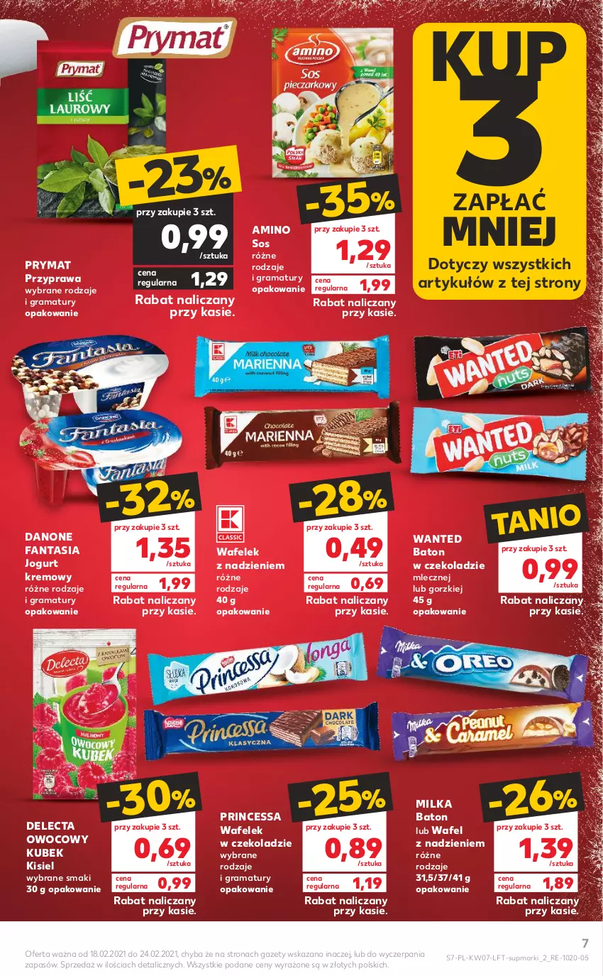 Gazetka promocyjna Kaufland - OFERTA TYGODNIA - ważna 18.02 do 24.02.2021 - strona 7 - produkty: Baton, Danone, Danone Fantasia, Delecta, Fa, Fanta, Gra, Jogurt, Kisiel, Kubek, Milka, Princessa, Prymat, Rama, Sos, Wafelek