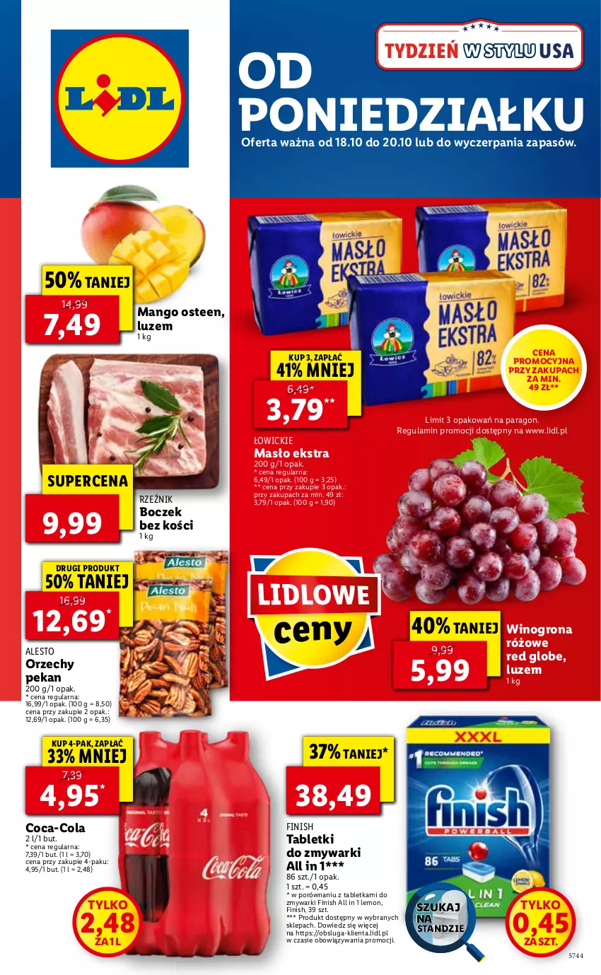 Gazetka promocyjna Lidl - ważna 18.10 do 21.10.2021 - strona 1 - produkty: Boczek, Boczek bez kości, Coca-Cola, Finish, Mango, Masło, Por, Tablet, Tabletki do zmywarki, Wino, Winogrona, Zmywarki