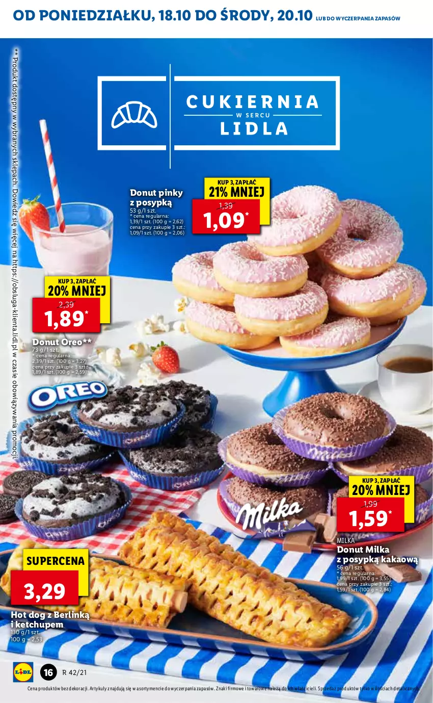 Gazetka promocyjna Lidl - ważna 18.10 do 21.10.2021 - strona 16 - produkty: Donut, Hot dog, Kakao, Ketchup, Milka, Oreo