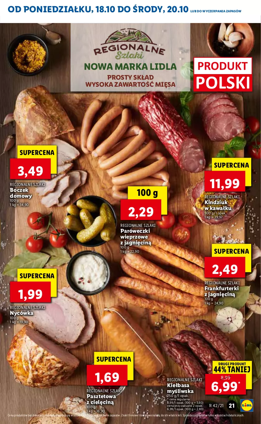 Gazetka promocyjna Lidl - ważna 18.10 do 21.10.2021 - strona 21 - produkty: Boczek, Frankfurterki, Kawa, Kiełbasa, Kindziuk, Pasztet, Sok