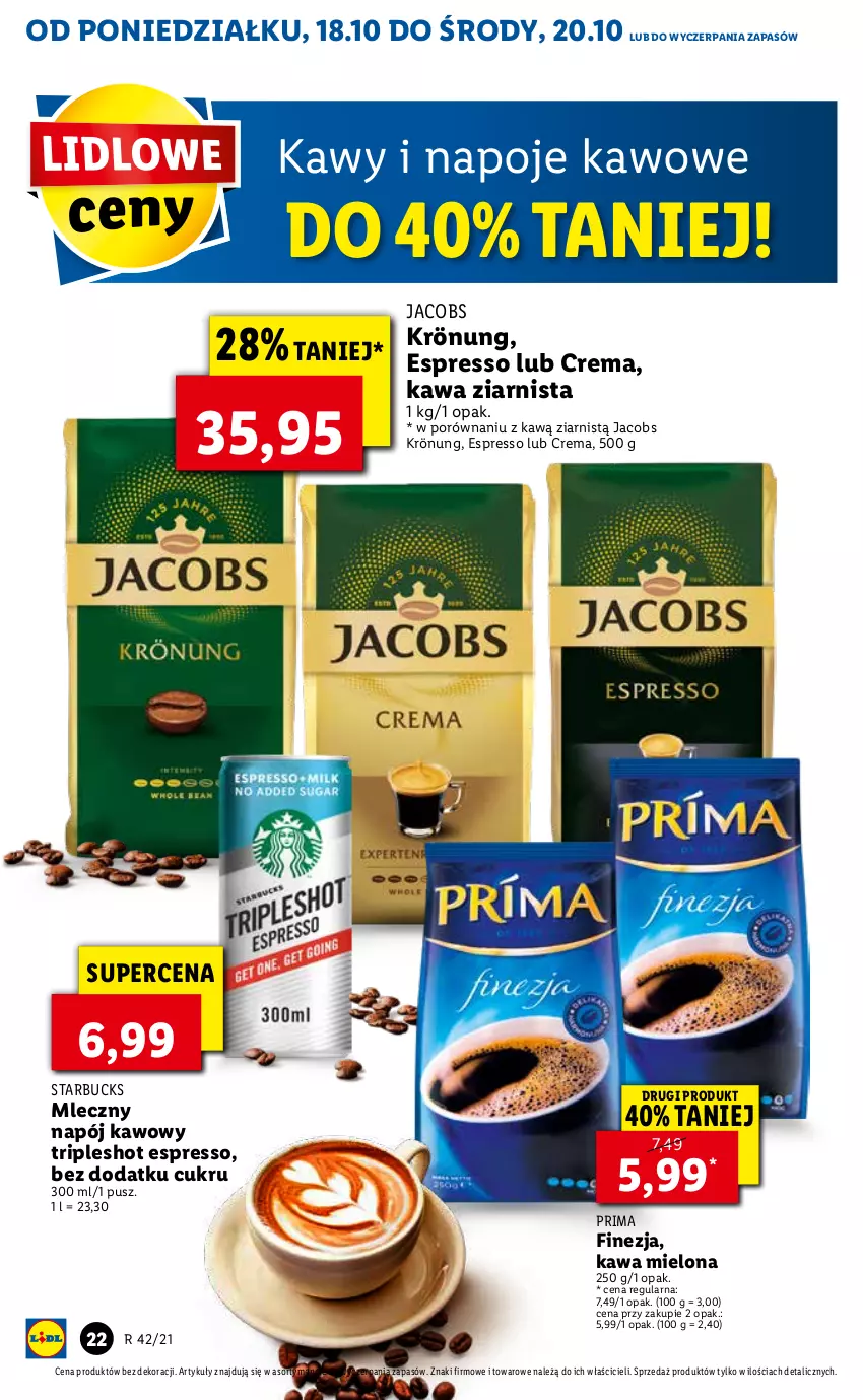 Gazetka promocyjna Lidl - ważna 18.10 do 21.10.2021 - strona 22 - produkty: Jacobs, Jacobs Krönung, Kawa, Kawa mielona, Kawa ziarnista, Napój, Napoje, Por, Prima