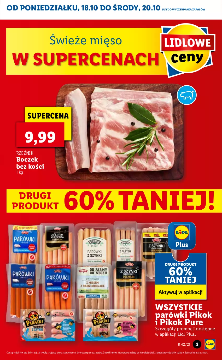 Gazetka promocyjna Lidl - ważna 18.10 do 21.10.2021 - strona 3 - produkty: Boczek, Boczek bez kości, Mięso, Parówki, PIKOK, Pur